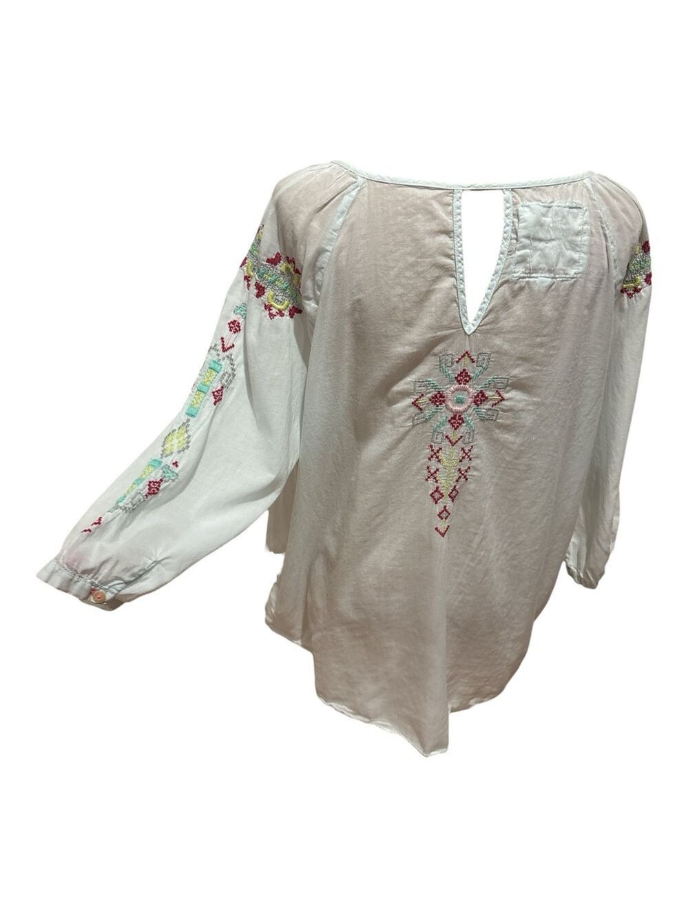 JOHNNY WAS 3 J WORKSHOP COTTON PASTEL BLUE W EMBROIDERED AZTEK PATTERN TOP SZ L - Picture 5 of 8